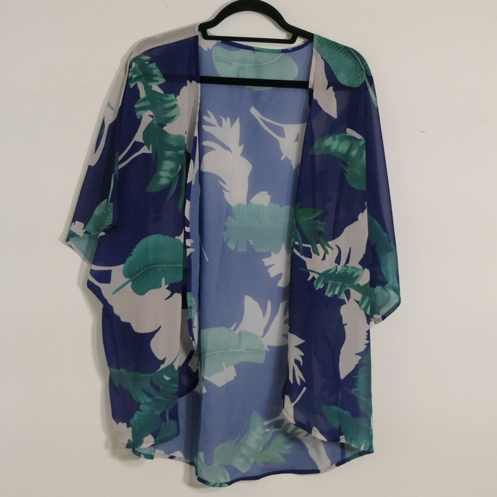 Unbranded Women Kimono L Blue Tropical Leaf Print Sheer Beach Coverup Boho Flowy